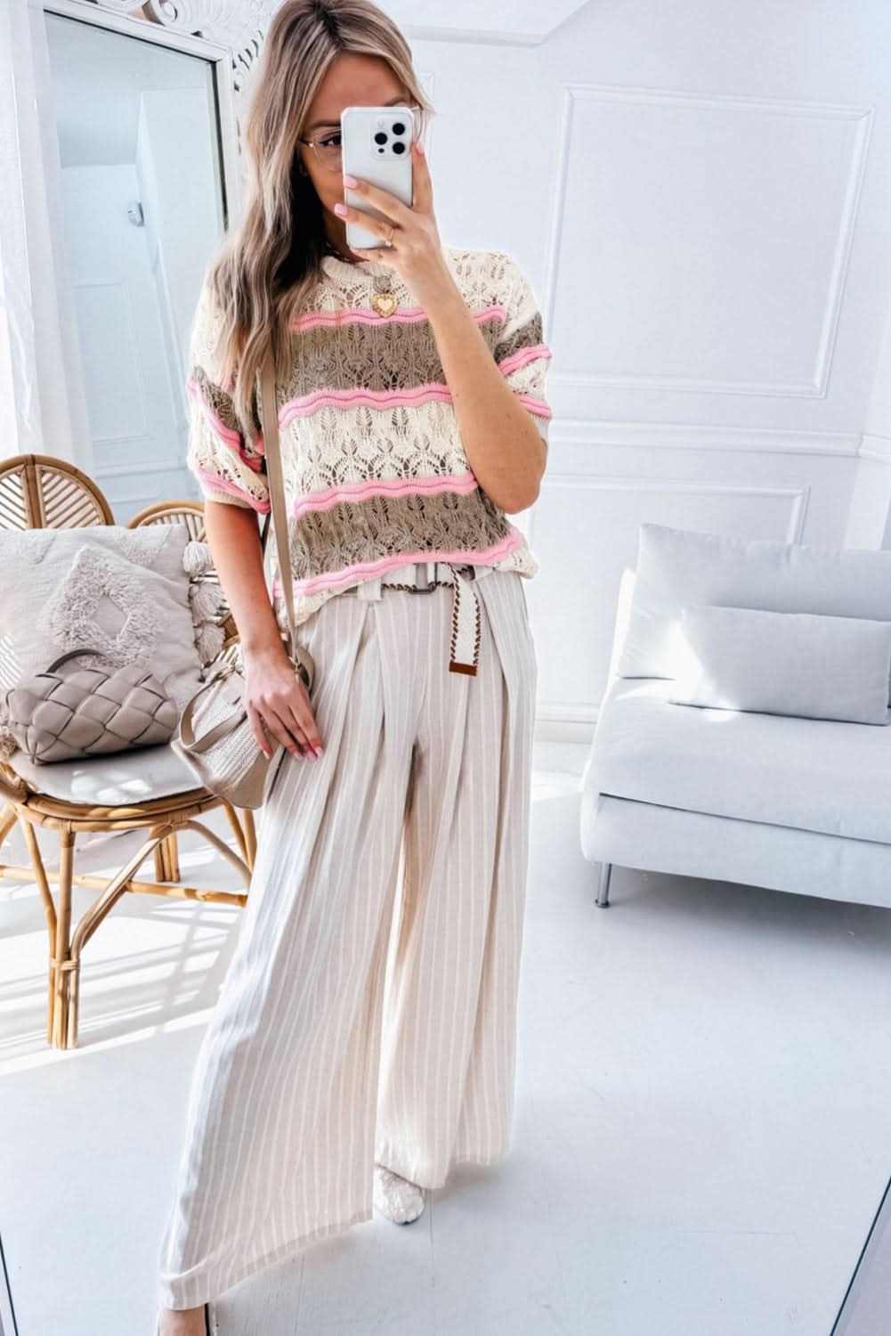 Elegant brown striped crochet sweater - Love Salve